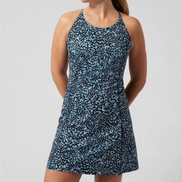 NWT Athleta Infinity Dress Women's Size Small Blue Leopard Built-in Shorts - Picture 1 of 6